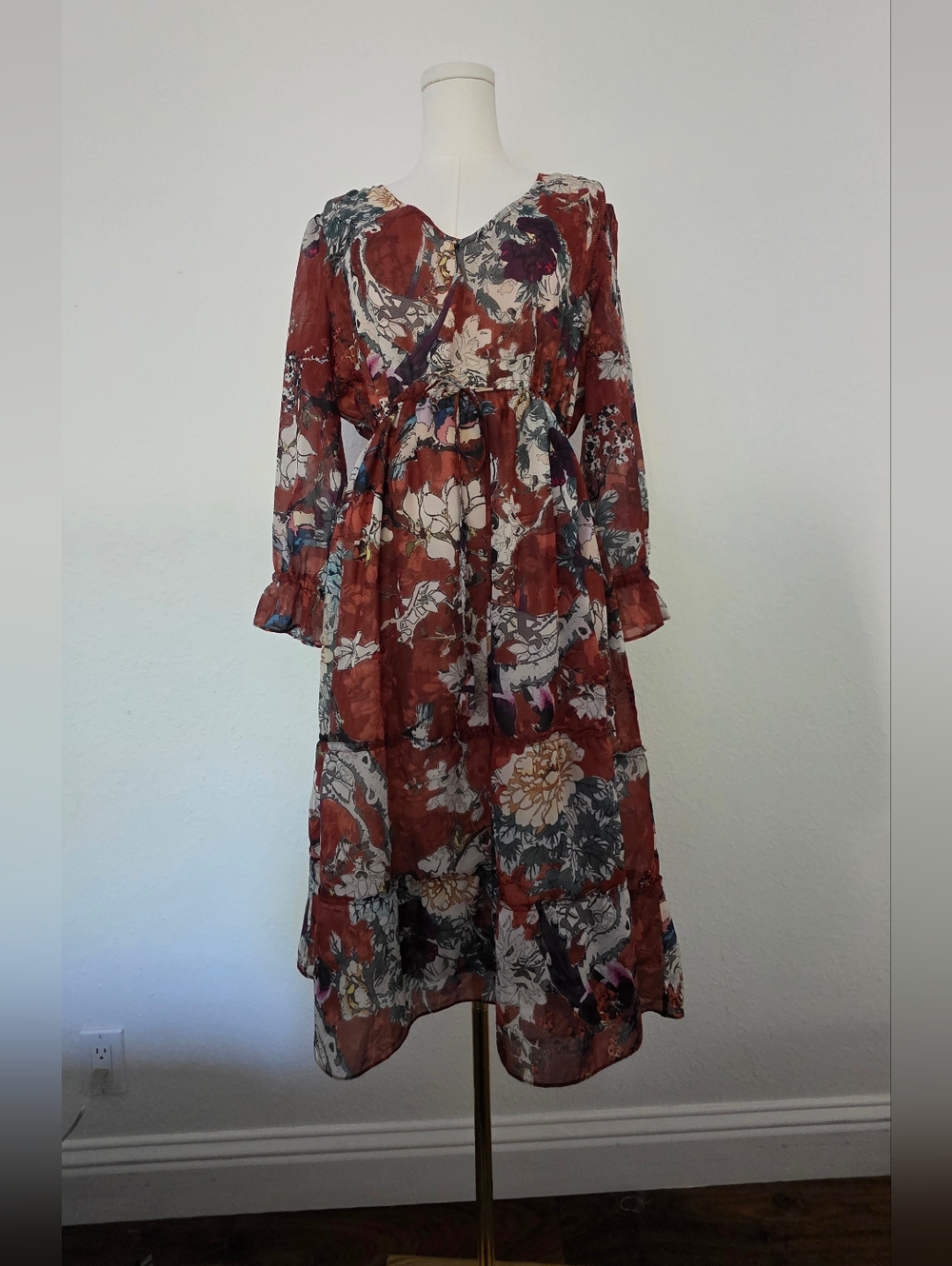 ANTHROPOLOGIE Hemant & Nandita Zeri Bird Floral Peasant Dress Rust Orange - Picture 3 of 12